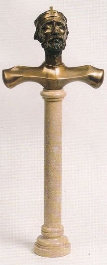 1992, Szent István kisplasztika, bronz, márványoszlopon